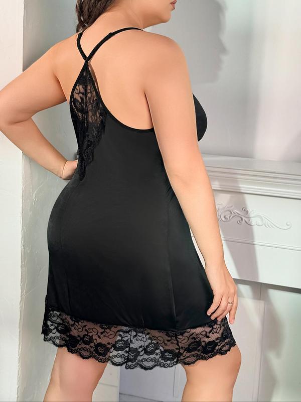 Plus Size Bow Front Contrast Lace Nightdress & Sheer Thong Set, Scallop Trim Sleeveless Nighty Dress & Panty, Women's Plus Sleepwear & Loungewear Set for All Seasons