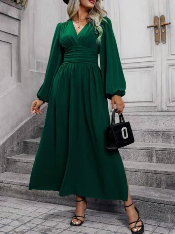  Solid Ruched Wrap Split Thigh Dress, Elegant Lantern Sleeve V Neck A Line Dress for Party Holiday Wedding Guest, Women's Clothes for Spring & Fall