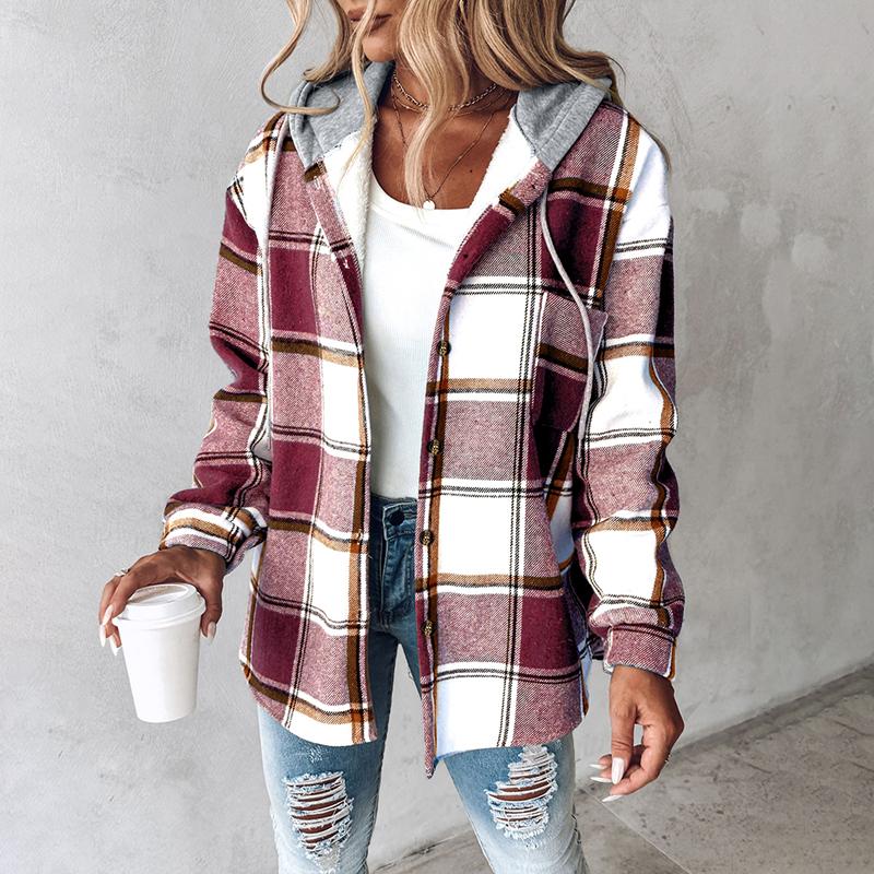 ChicMe Women's Plaid Pattern Long Sleeve Shacket Button Down Fleece Lined Hooded Jackets Warm Coat Casual Womenswear Comfort Outdoor Soft Winter Tops pink  shirt lady Plus Size Plaid Button-Up Shirt Women's Double Button Lapel Coat