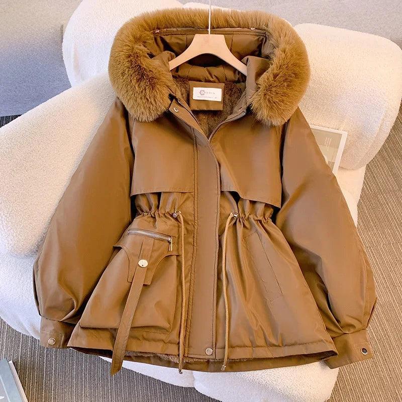 Women's Medium-length Waist-fitted SlimmingHooded Cotton-padded Jacket Warm FleeceLining Korean Style Autumn winter Coat