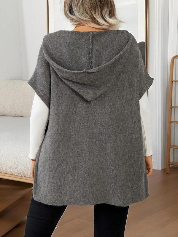 Women's Solid Color Batwing Sleeve Side Slit Hooded Sweater Vest, Casual Open Front Sleeveless Knit Top for Daily Wear, Ladies Clothes for All Seasons