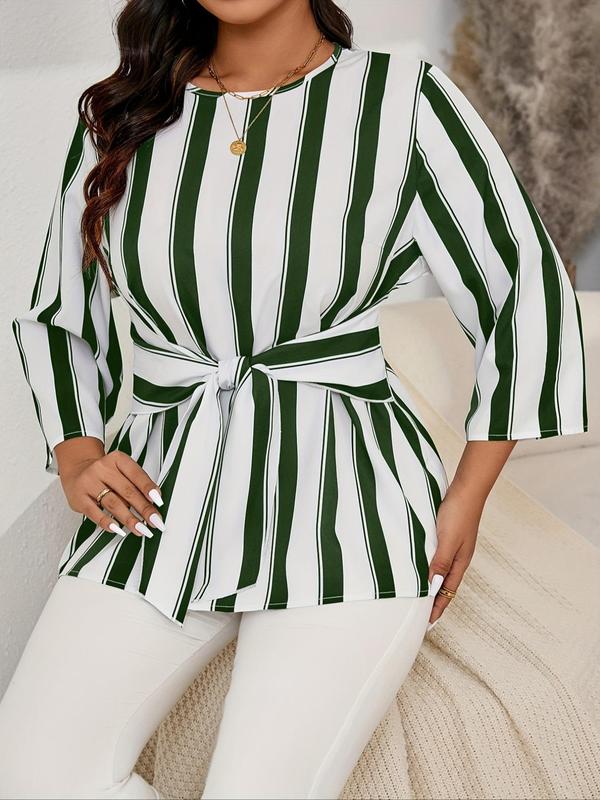  Striped Print Belted Shirt, Casual Long Sleeve Round Neck Top for Fall & Winter, Women's Clothes for Daily Wear