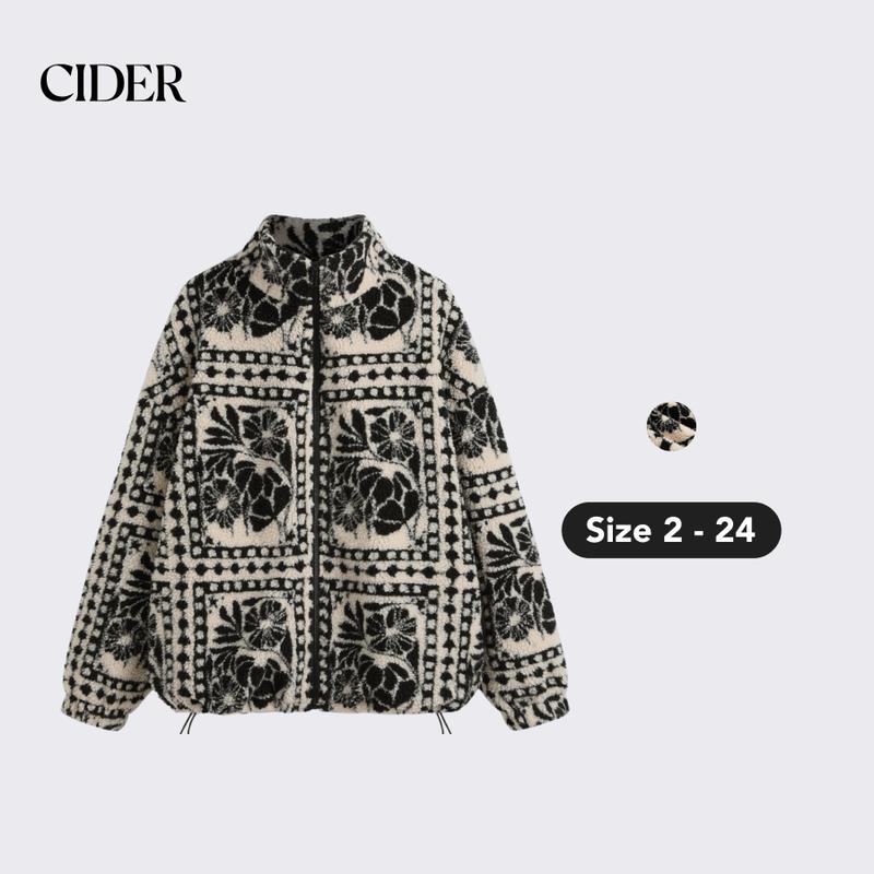 Cider [size 2-24] Fleece Stand Collar Abstract Drawstring Oversized Jacket