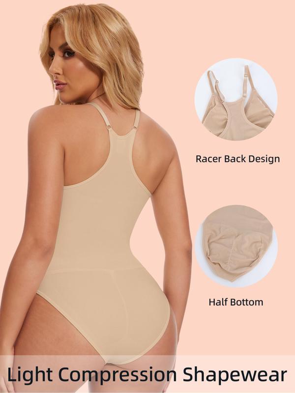 Women's Solid V Neck Shapewear Bodysuit, Casual Tummy Control Racerback Bodysuit, Women Shapewear for Daily Wear