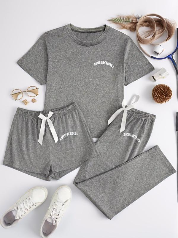 Three-Piece Set Women's Letter Print Tee & Bow Decor Shorts & Elastic Waist Pants Pyjama Set, Casual Comfy Short Sleeve T-shirt & Shorts & Pants PJ Set, Ladies Sleepwear for All Seasons