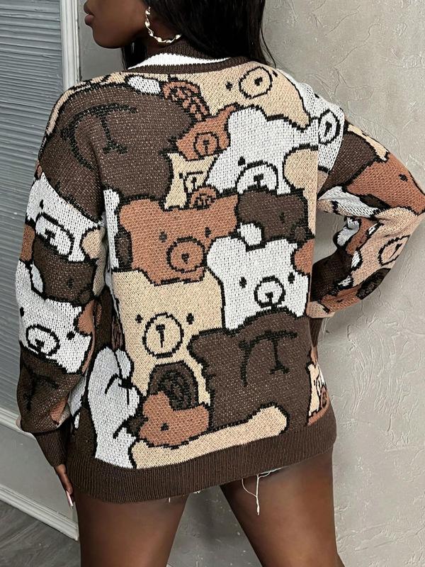 Women's All Over Cartoon Bear Print Contrast Binding Button Front Cardigan, Cute Drop Shoulder Long Sleeve Cardigan, Women Knitwear for Fall & Winter