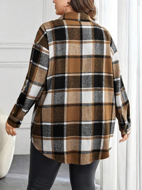  Tartan Print Button Front Drop Shoulder Jacket, Casual Long Sleeve Collared Pocket Outerwear for Fall & Winter, Women's Clothes for Daily Wear