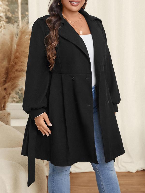 CURVZY Plus Size Solid Color Double Button Belted Pleated Pea Coat, Elegant Bishop Sleeve Long Sleeve Lapel Outerwear for Fall & Winter, Women's Clothes for Daily Wear