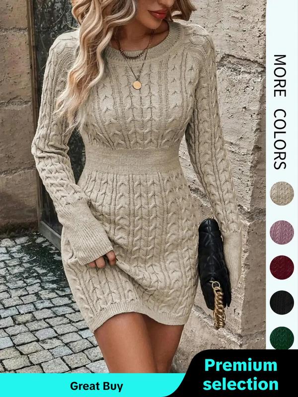 Women's Plain Round Neck Cable Knit Bodycon Sweater Dress, Sweater Dress for Women, Winter Wear Casual Dress,   Elegant Fashion Casual Long Sleeve Jumper Dress for Daily Outdoor Wear, Women Knitwear for Fall & Winter