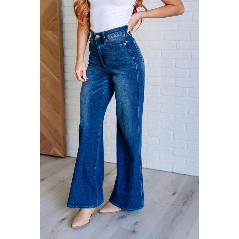 Judy Blue High Rise Control Top Retro Wide Leg Jeans 88847 (Reg & Plus) Stretchy Denim Womenswear Tall 33.5 inseam Comfort Slimming Pants