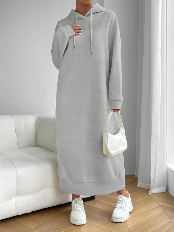 Women's Solid Thermal Lined Hooded Sweatshirt Dress, Casual Long Sleeve Knee Length Dress for Spring & Fall, Women's Clothing for Daily Wear