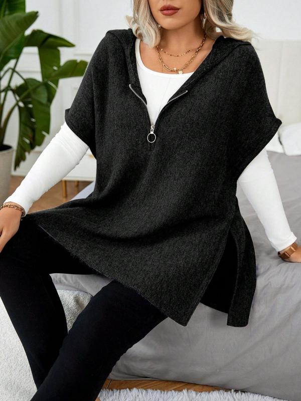 Women's Solid Color Batwing Sleeve Side Slit Hooded Sweater Vest, Casual Open Front Sleeveless Knit Top for Daily Wear, Ladies Clothes for All Seasons