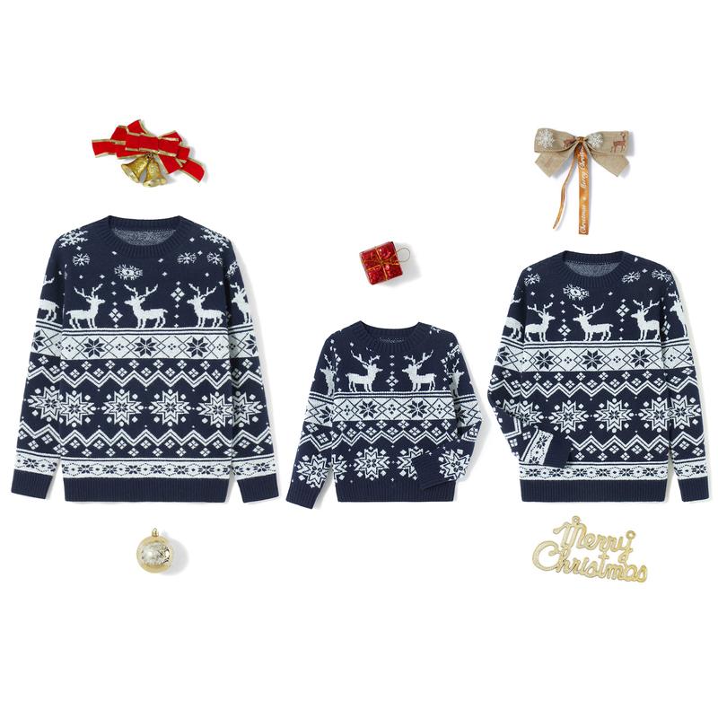 Matching Family Christmas Sweaters Long Sleeve Round Neck Snowflake Pullovers Knit Tops Womenswear Casual