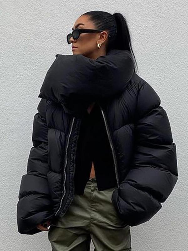 Women's Solid Color Button Design Zip Up Winter Coat, Casual  Puffer Jacket, Long Sleeve Outerwear for Fall & Winter, Women's Clothing for Daily Wear