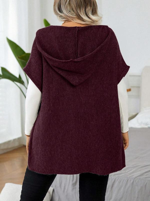 Women's Solid Color Batwing Sleeve Side Slit Hooded Sweater Vest, Casual Open Front Sleeveless Knit Top for Daily Wear, Ladies Clothes for All Seasons