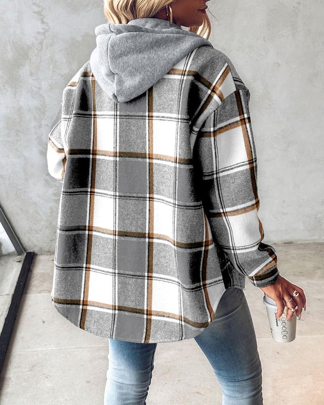 ChicMe Women's Plaid Pattern Long Sleeve Shacket Button Down Fleece Lined Hooded Jackets Warm Coat Casual Womenswear Comfort Outdoor Soft Winter Tops pink  shirt lady Plus Size Plaid Button-Up Shirt Women's Double Button Lapel Coat