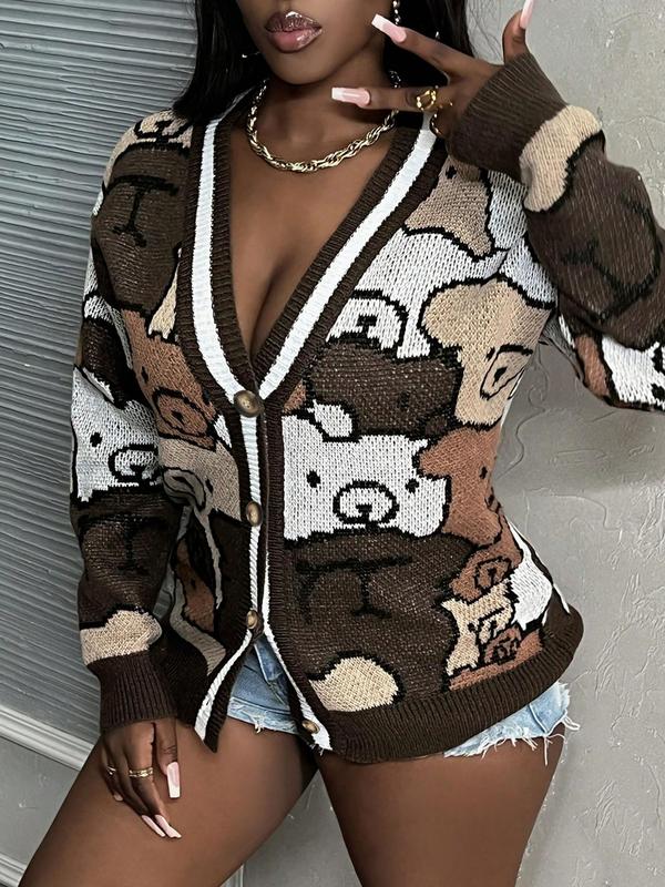 Women's All Over Cartoon Bear Print Contrast Binding Button Front Cardigan, Cute Drop Shoulder Long Sleeve Cardigan, Women Knitwear for Fall & Winter