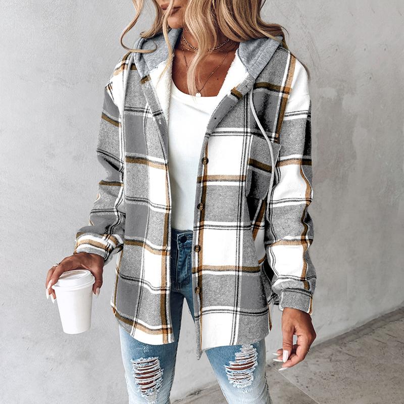 ChicMe Women's Plaid Pattern Long Sleeve Shacket Button Down Fleece Lined Hooded Jackets Warm Coat Casual Womenswear Comfort Outdoor Soft Winter Tops pink  shirt lady Plus Size Plaid Button-Up Shirt Women's Double Button Lapel Coat