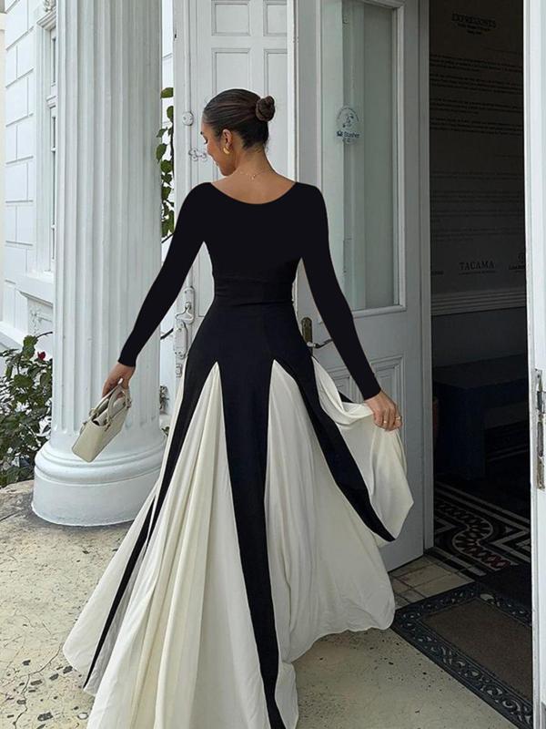 Women's Colorblock V Neck A Line Dress, Elegant Long Sleeve Maxi  Dress for Party Holiday Wedding Guest, Ladies Fall & Winter Clothes