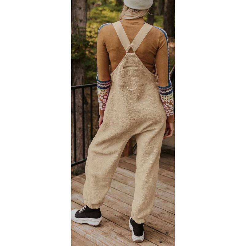 Fisoew Women's Fleece Warm Overalls Winter Loose Casual Jumpsuits with Pockets