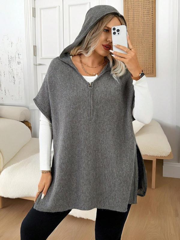 Women's Solid Color Batwing Sleeve Side Slit Hooded Sweater Vest, Casual Open Front Sleeveless Knit Top for Daily Wear, Ladies Clothes for All Seasons