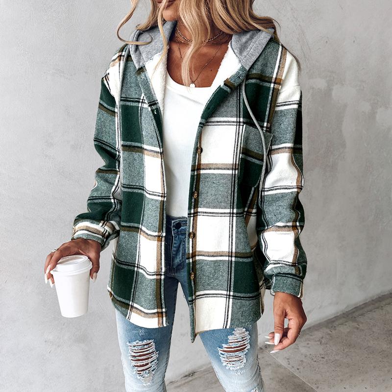 ChicMe Women's Plaid Pattern Long Sleeve Shacket Button Down Fleece Lined Hooded Jackets Warm Coat Casual Womenswear Comfort Outdoor Soft Winter Tops pink  shirt lady Plus Size Plaid Button-Up Shirt Women's Double Button Lapel Coat