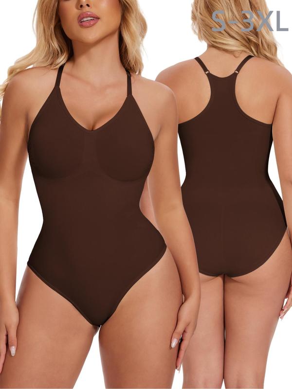 Women's Solid V Neck Shapewear Bodysuit, Casual Tummy Control Racerback Bodysuit, Women Shapewear for Daily Wear