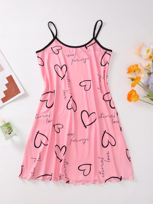 Women's Cartoon Avocado & Heart Print Contrast Binding Cami Nightdress, Casual Soft Comfortable Sleeveless Nightgown for All Seasons, Lady's Sleepwear for Indoor Wear