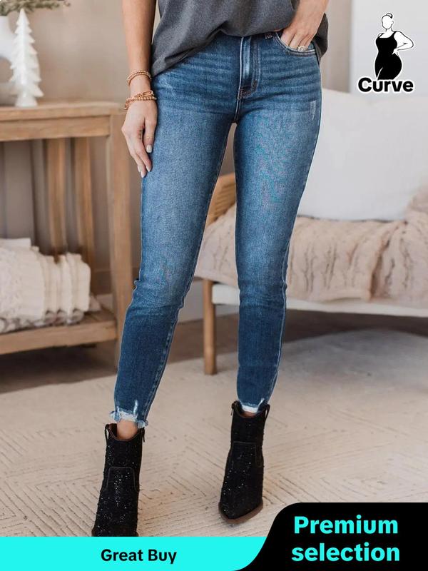 Women's Plain Pocket Raw Hem Skinny Jeans, Women's Jorts, Casual Comfy Plus Size Button Tight-fitting Pants for Daily Wear, Pants for Women, Jeans for Women, Women's Bottoms for All Seasons, Fall Outfits, Fallfreshness, Fall Clothing, Gift Set