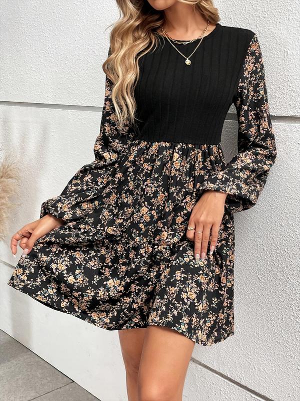 Women's Floral Patchwork Print Bishop Sleeve A Line Dress, Elegant Long Sleeve Round Neck Short Dress for Spring & Fall, Women's Clothing for Daily Wear