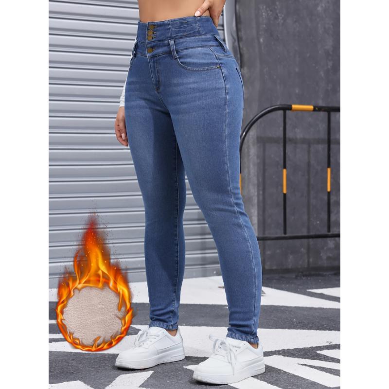 Winter Must-Have Plush Lined Denim Pants - Women's Casual Skinny Fit Jeans with Thickened Fabric and Washed Blue Style - Soft, Warm, and Comfortable Clothing for Chilly Days