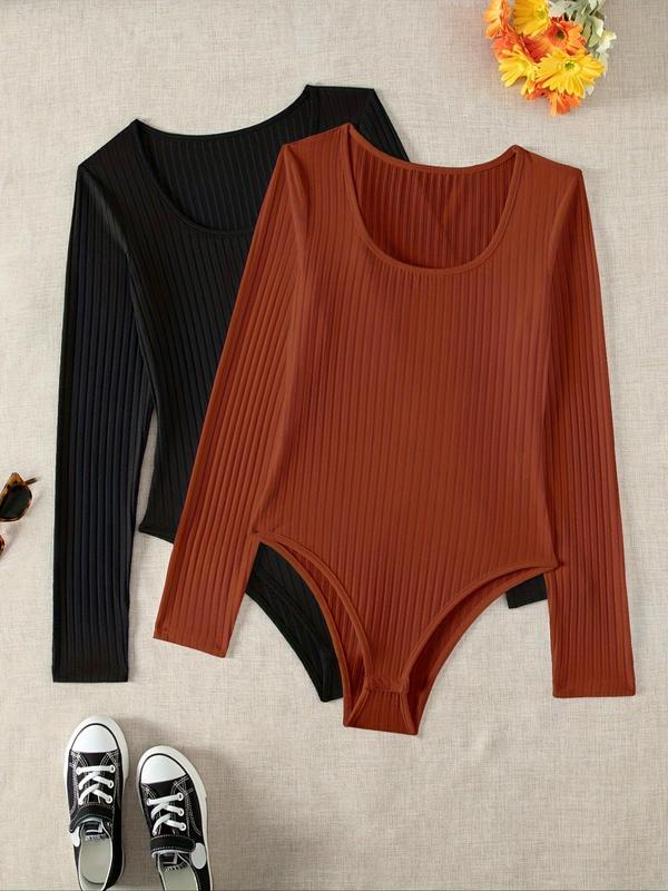 Women's Solid Ribbed Scoop Neck Ribbed Bodysuit, Casual Long Sleeve Bodysuit for Fall & Winter, Ladies Clothes for Daily Wear