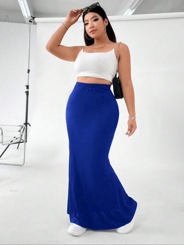 Plus Size Solid  Mermaid Skirt, Casual High Waist Long Skirt for Summer, Women's Bottoms for Daily Wear