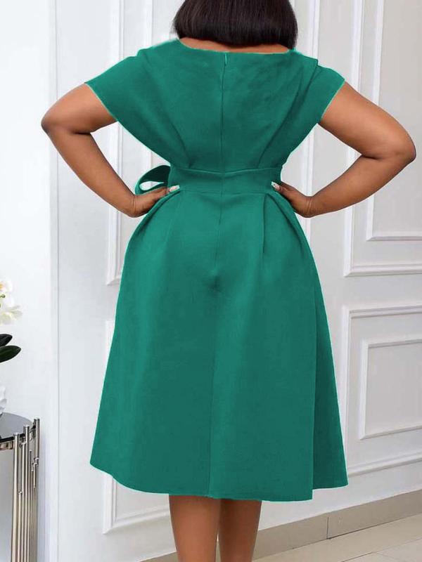 Women's Plain Belted Wrap V Neck Dress, Elegant Batwing Sleeve Zipper Back A Line Dress for Party Holiday Wedding Guest, Ladies Clothes for All Seasons