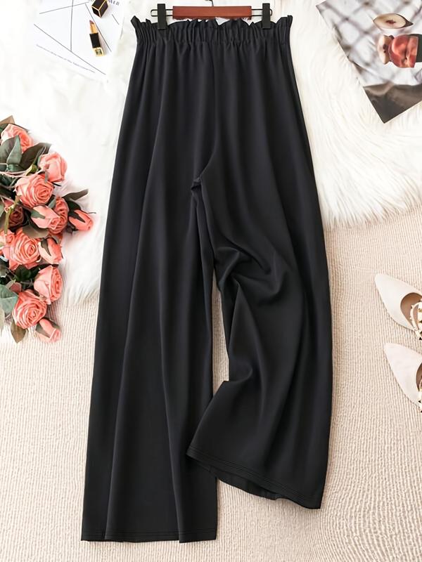  Solid Knot Front Elastic Waist Wide Leg Pants, Basic Casual Comfort Loose Trousers for Lady Daily Wear, Women's Back To School Going Out Bottoms for Spring & Summer, Summer Outfits