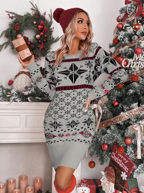 Women's Christmas Print Round Neck Bodycon Sweater Dress, Casual Long Sleeve Crew Neck Knit Dress for Fall & Winter, Christmas Party Dress, Women's Knitwear for Daily Wear