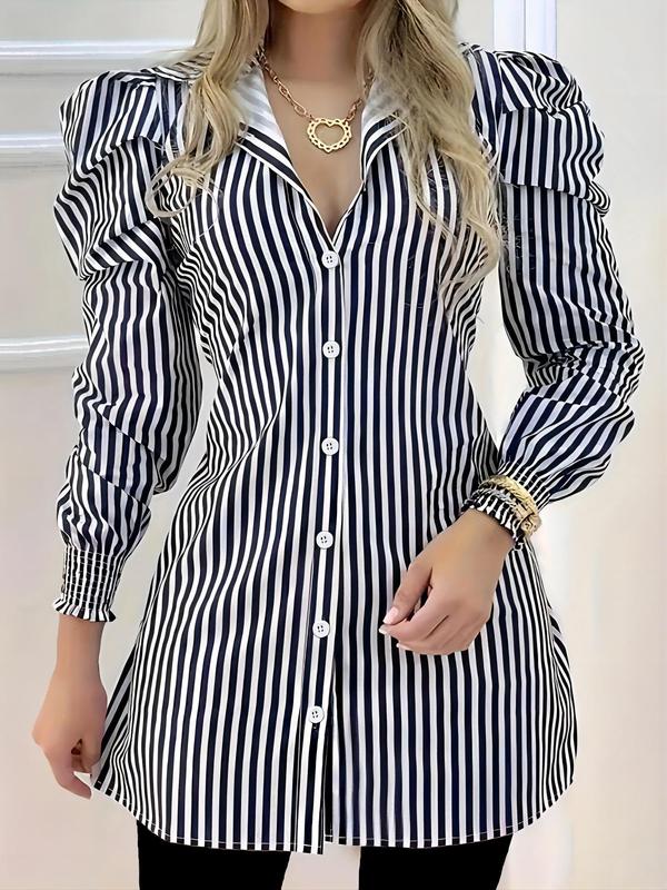 Women's Striped Print Button Front Long Sleeve Blouse, Casual Puff Sleeve Collar Top for Summer, Fashion Women's Clothing for Daily Wear