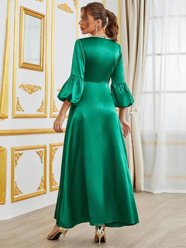 Women's Plain Appliques Embroidery V Neck A Line Dress, Elegant Bishop Sleeve Zipper Back Long Dress for Party Wedding Guest, Ladies Spring & Fall Clothes