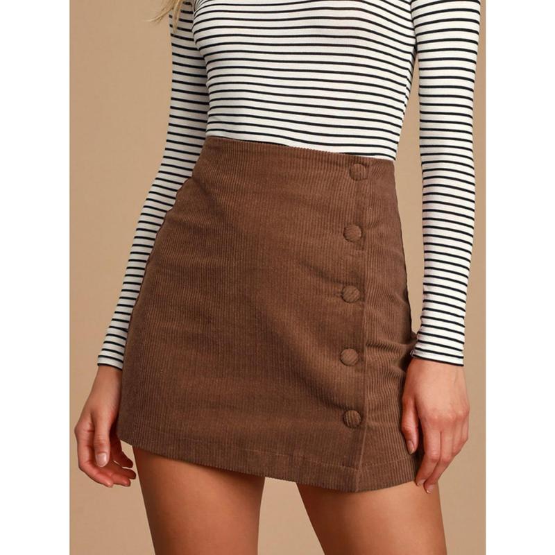 Women's Corduroy Skirt Autumn and Winter Solid Color Cloth Buckle Zipper Skirt High Waist Slim Hip Skirt