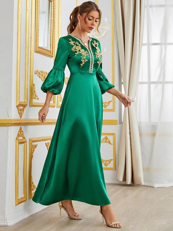 Women's Plain Appliques Embroidery V Neck A Line Dress, Elegant Bishop Sleeve Zipper Back Long Dress for Party Wedding Guest, Ladies Spring & Fall Clothes