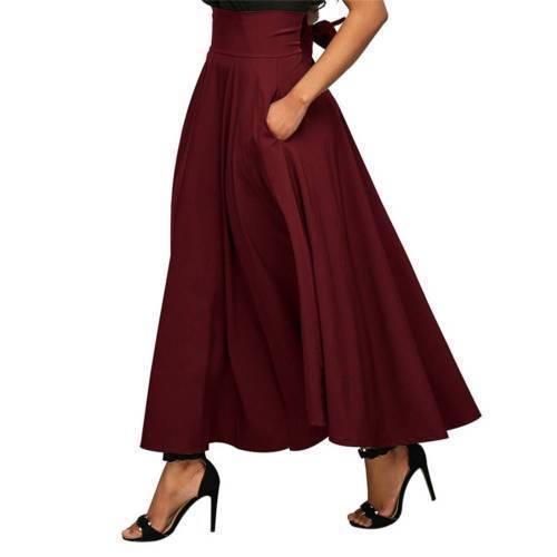 Women' s High Waist Skirt A Line Pleated Skirt Belted Ankle Length Skirt with Pockets