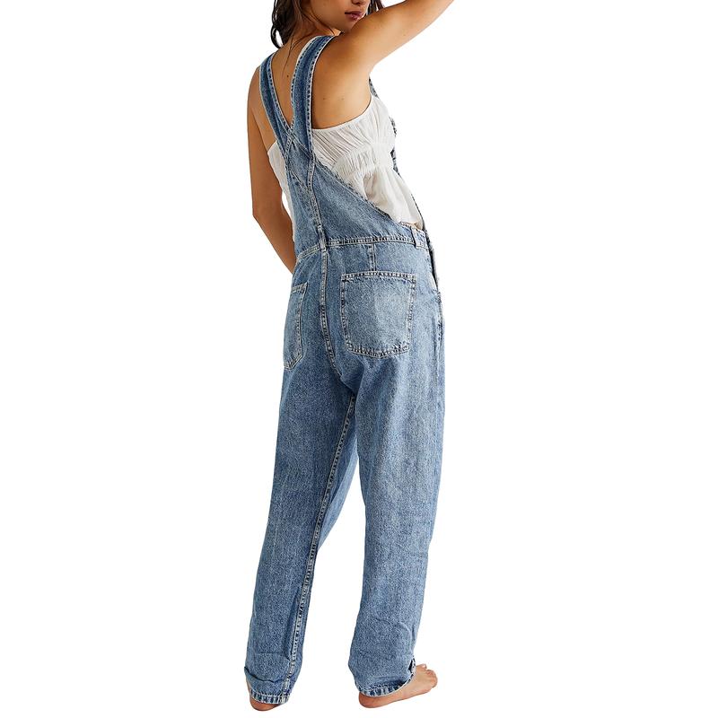 Vintage Denim Overalls for Women Spring Summer Loose Fit Classic Bib Casual Jean Stretchy Denim Overall Jumpsuits Leg Jean Pants