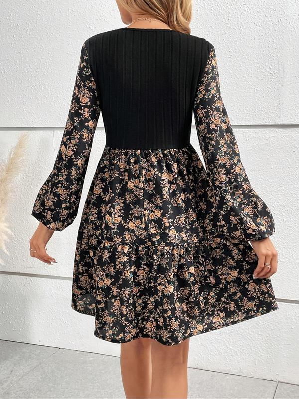 Women's Floral Patchwork Print Bishop Sleeve A Line Dress, Elegant Long Sleeve Round Neck Short Dress for Spring & Fall, Women's Clothing for Daily Wear