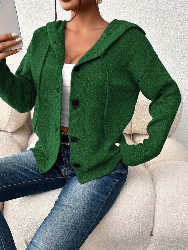 Women's Plain Button Front Drawstring Hooded Cable Knit Cardigan, Elegant Drop Shoulder Long Sleeve Cardigan, Cardigan for Women, Ladies Knitwear for All Seasons