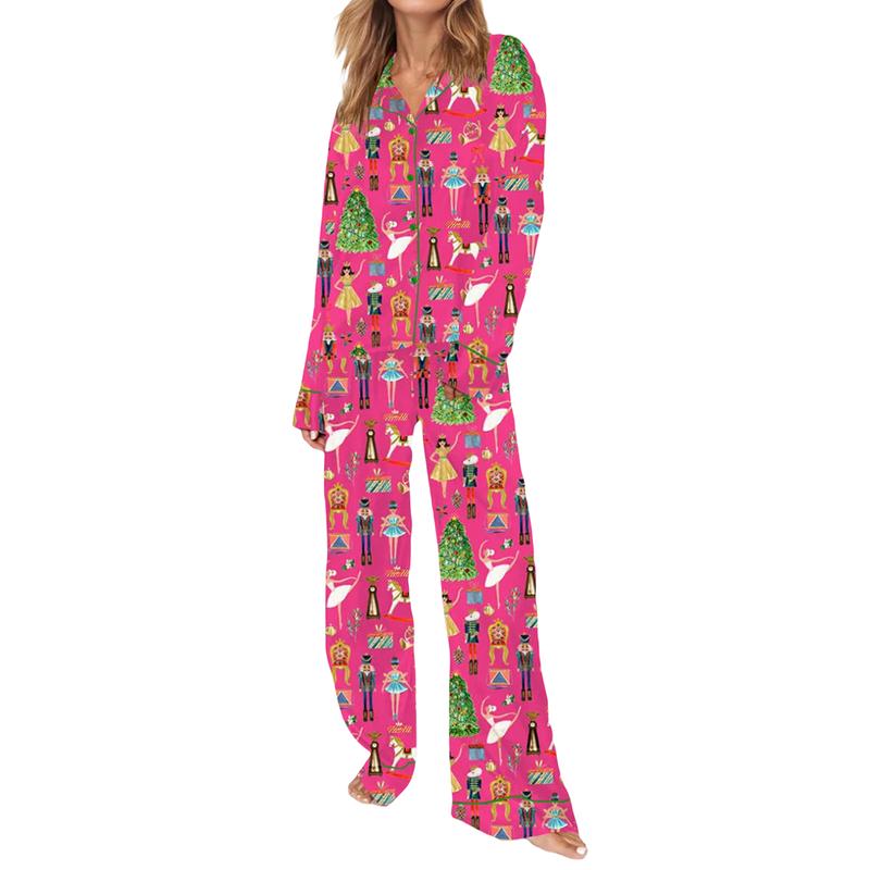 Women's two-piece pajama set long-sleeved lapel Christmas pattern print button-down shirt with free pants Loungewear Nightwear