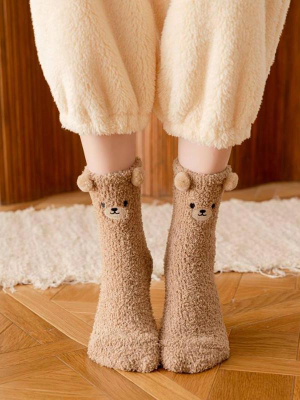 Women's Cartoon Print Fitted Crew Socks, Cartoon Cute Bear Print Soft & Warm Fuzzy Fleece Ankle Boots Socks, Comfort Basic Minimalist Winter Womenswear for Lady, Comfortable Cold Weather Gear