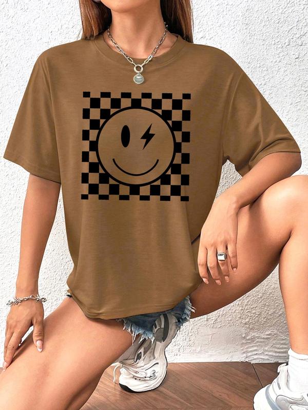 Women's Cartoon Face & Plaid Print Round Neck Tee, Casual Drop Shoulder Half Sleeve Graphic T-shirt, Graphic Tees, Ladies Summer Back To School Outfit for Daily Wear, Birthday Gifts