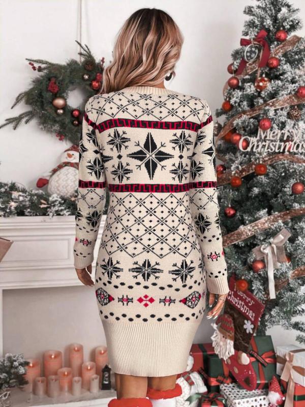 Women's Christmas Print Round Neck Bodycon Sweater Dress, Casual Long Sleeve Crew Neck Knit Dress for Fall & Winter, Christmas Party Dress, Women's Knitwear for Daily Wear