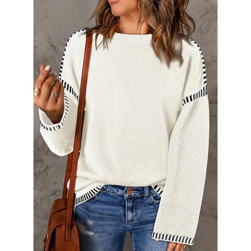 YMBB Sweaters for Women Fashion SolidCrewneck Loose Fit Long Sleeve Contrast CableKnit Pullover  Jumper Tops All Knitwear Womenswear