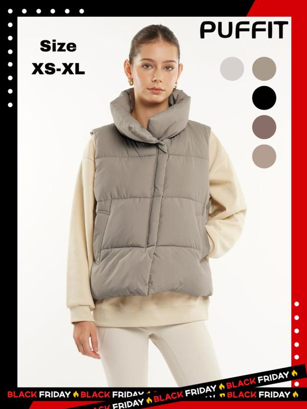 Women's Solid Color Pocket Sleeveless Winter Puffer Vest Gilet, Casual Waterproof Warm Stand Collar Vest Coat for Fall & Winter Daily Wear